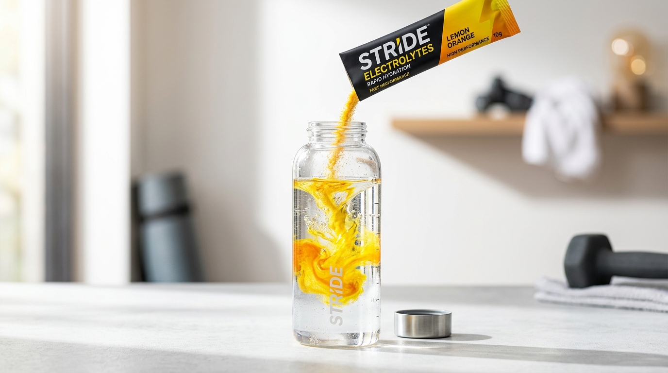 Single serve electrolyte stick pack pouring into water bottle