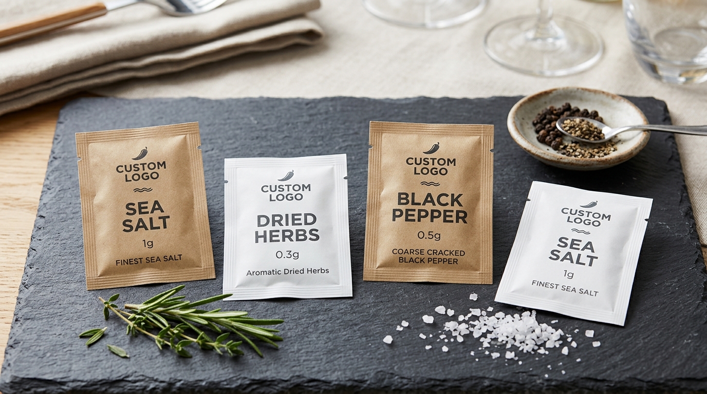 Custom printed salt, pepper, dried herbs, and spice rub sachets