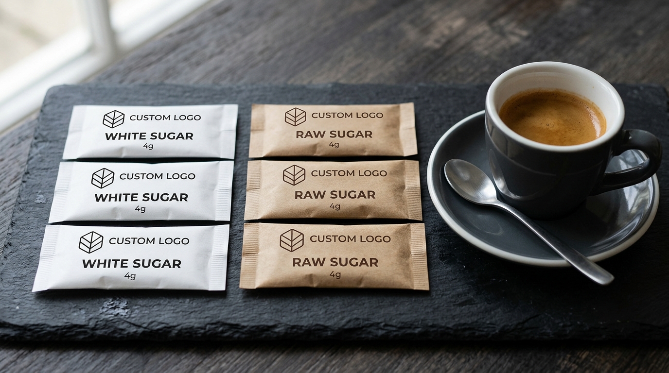 Custom printed sugar sachets and sticks on café table